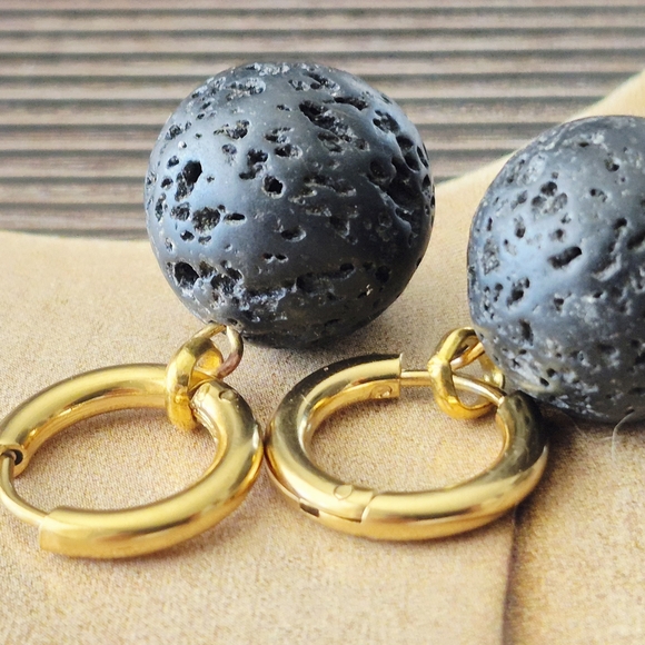 18k Gold Plated Hoop Earrings Black Lava Rock Beads Artisan Made - Picture 6 of 8